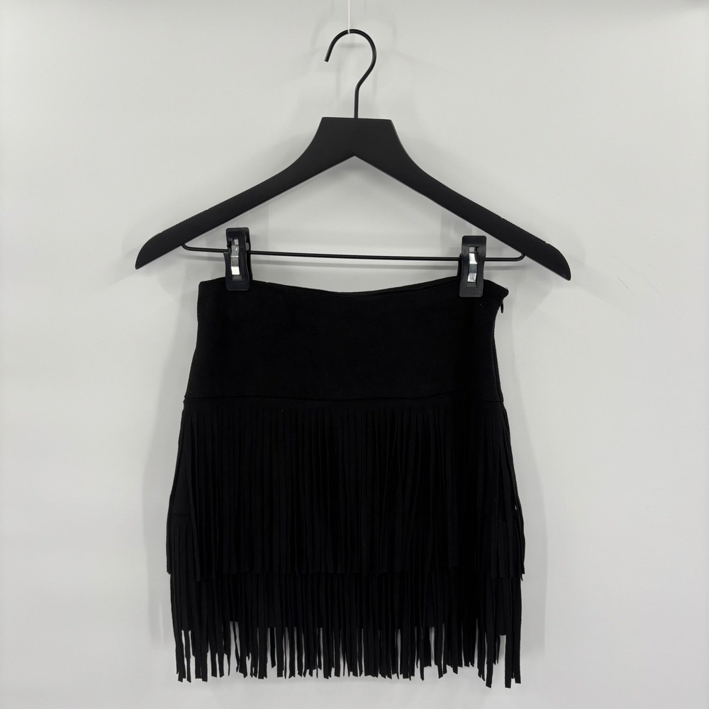 Fringe Faux Suede Mini Skirt Small Black Festival Coachella Western Gasparilla - Picture 1 of 10